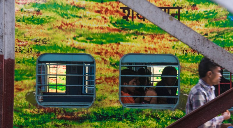 Funky lookng train accross the platform